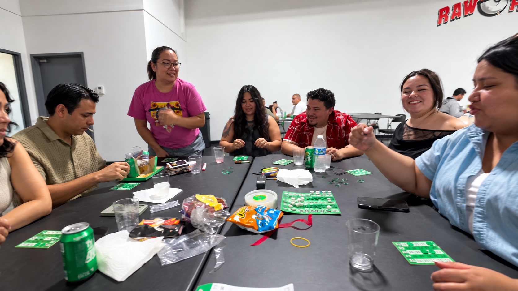 An AI-enhanced photo of players gathered around a game table at a Rawmon community event